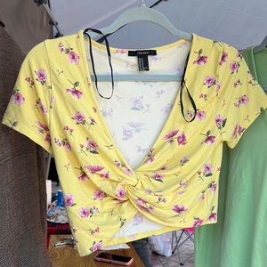 Forever21 Pastel Yellow Floral tie front crop top